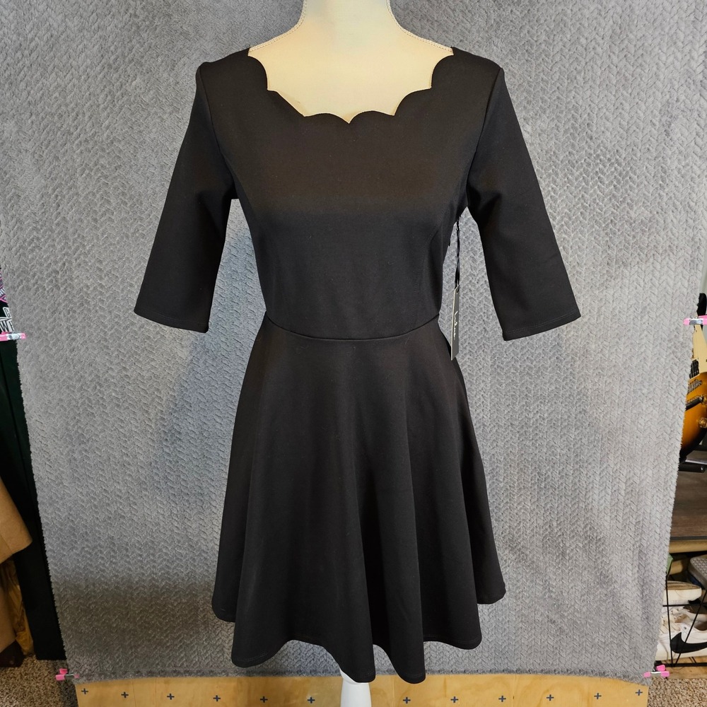 Lulus Black Scalloped Neckline Skater Dress Elbow Sleeve Fit and Flare Size M